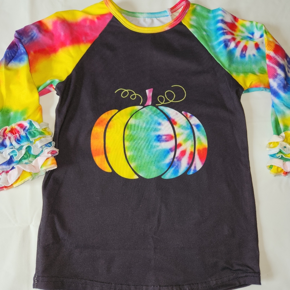 Boutique Tie Dye Pumpkin Girls Ruffle Sleeve Halloween